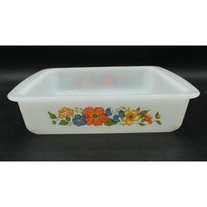 Vintage Glasbake J2428 8" Baking Dish Orange Blue Yellow Flower Pattern USA